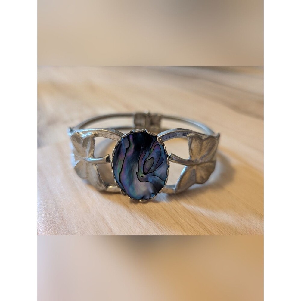 Silver Bracelet with Leaves and Abalone Shell Center Piece